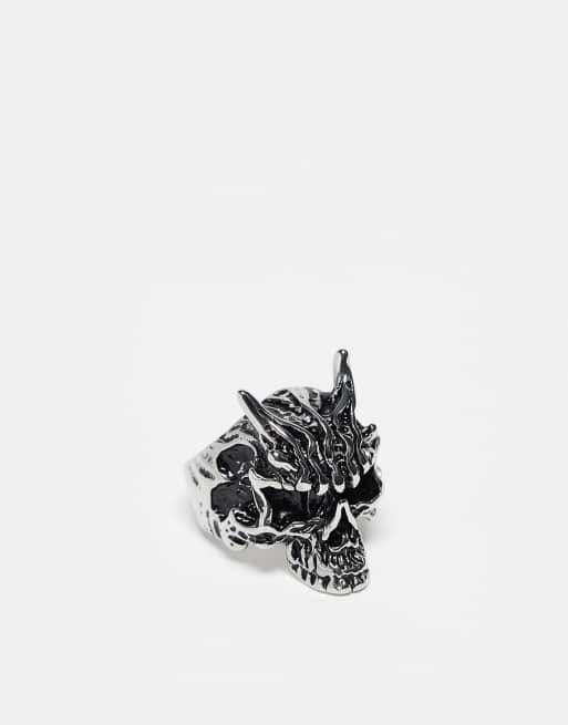 ASOS DESIGN - Anello in acciaio inossidabile resistente all'acqua argento brunito con design a teschio