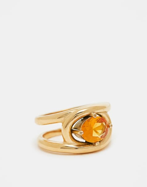 ASOS DESIGN - Anello in acciaio inossidabile resistente all'acqua dorato con cristallo ambra - view 1
