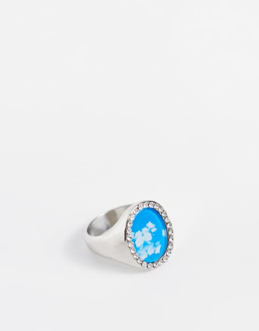 ASOS DESIGN - Anello ovale color argento a sigillo con strass e design a nuvola