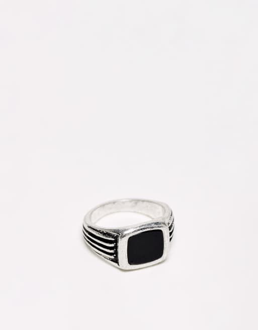 ASOS DESIGN - Anello per mignolo color argento brunito con pietra semipreziosa di agata nera