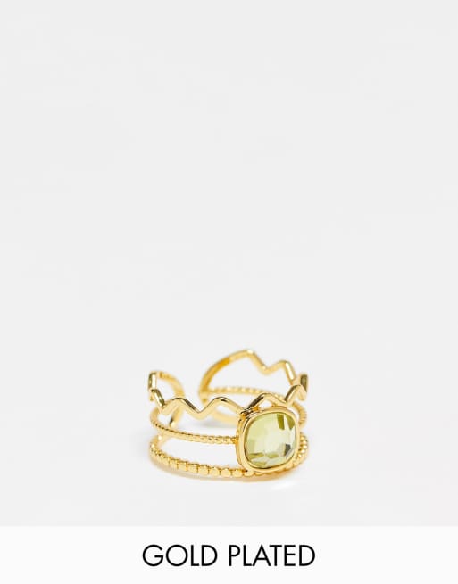 ASOS DESIGN - Anello placcato oro 14 carati con fasce multiple e cristallo verde