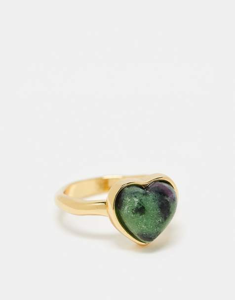 ASOS DESIGN - Anello placcato oro 14 k con pietra agata verde vera semipreziosa a forma di cuore effetto fuso con confezione regalo - view 1