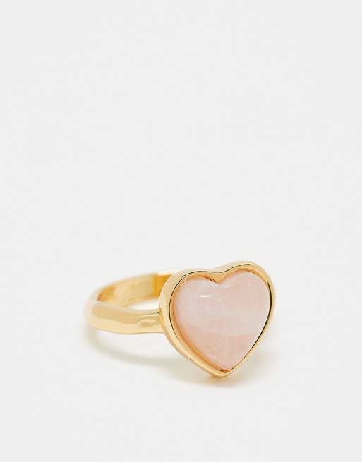 ASOS DESIGN - Anello placcato oro 14 k con pietra quarzo rosa vera semipreziosa a forma di cuore effetto fuso con confezione regalo