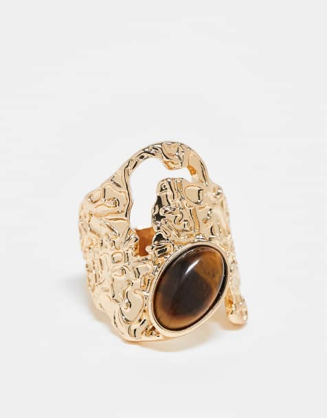 ASOS DESIGN - Anello zigrinato dorato con pietra semipreziosa incastonata - view 1