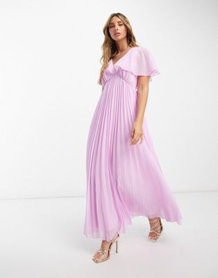 ASOS DESIGN angel cape sleeve pleated hem maxi dress in pale pink - ASOS Price Checker