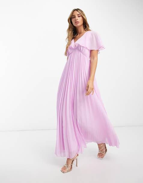 ASOS DESIGN satin corset premium bandeau mesh ruffle maxi dress in dusty  pink