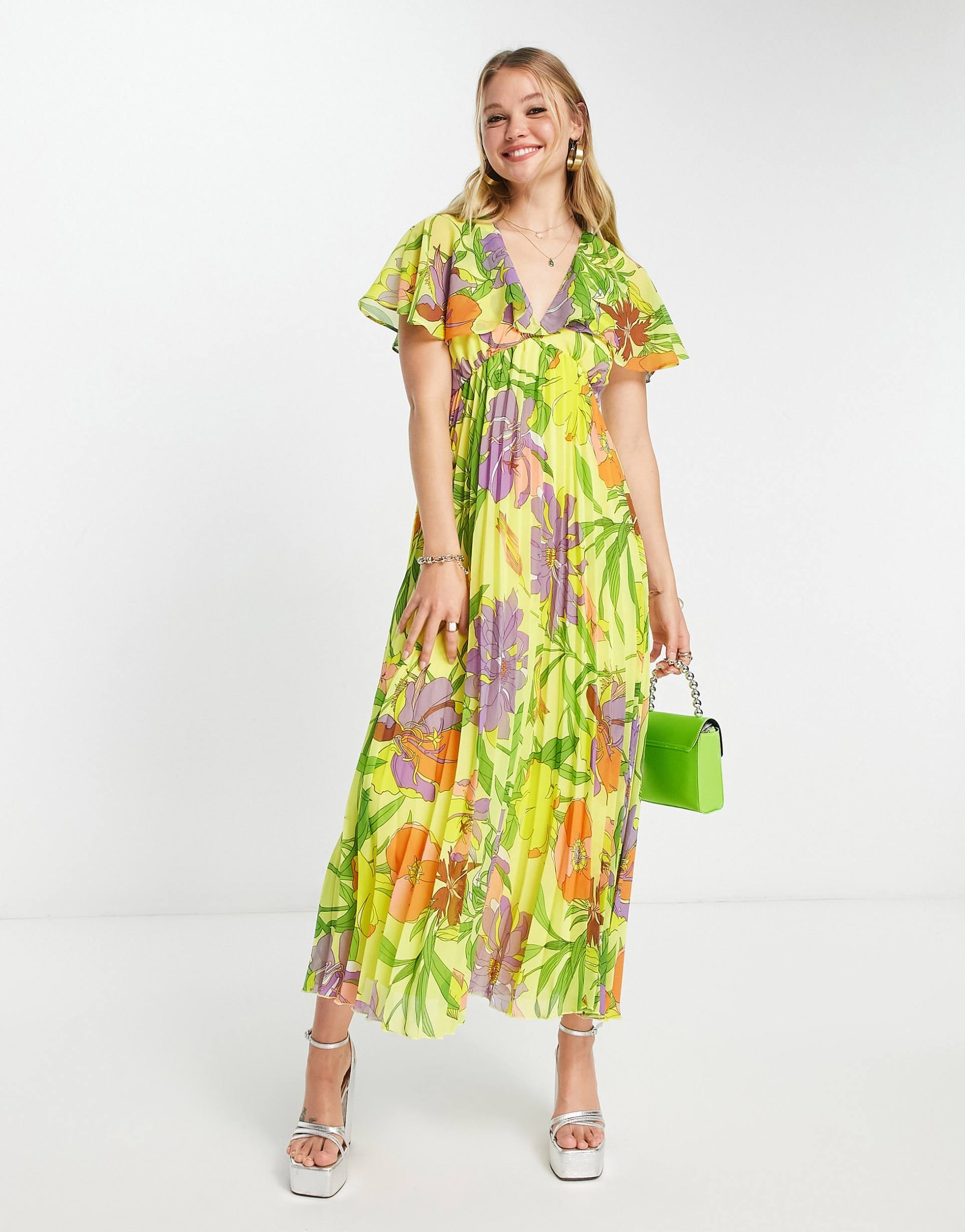 asos design angel cape sleeve pleated hem midi dress in yellow floral print