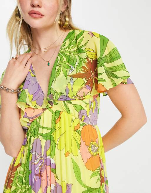 ASOS DESIGN angel cape sleeve pleated hem midi dress in yellow floral print ASOS