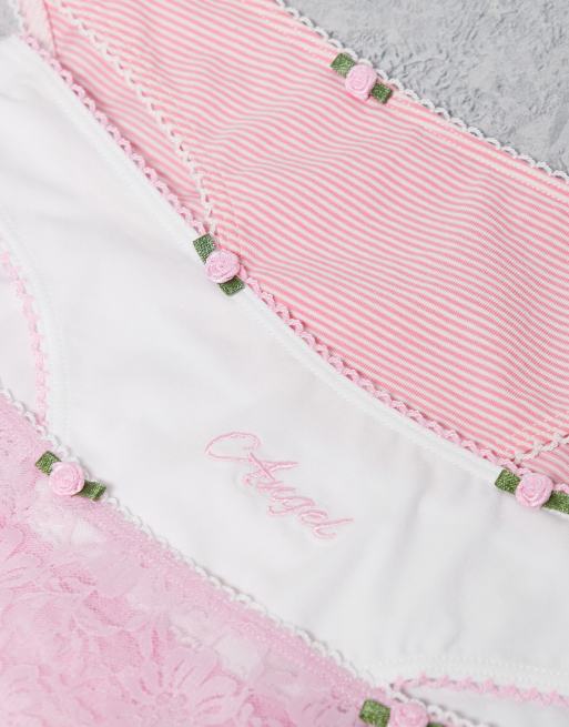 ASOS DESIGN - Angel - Confezione da 3 brasiliane rosa a righe e in pizzo con finiture con rose, 3 di 3