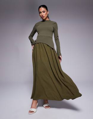 angel long sleeve with curved waist detail midi dress in olive-Green