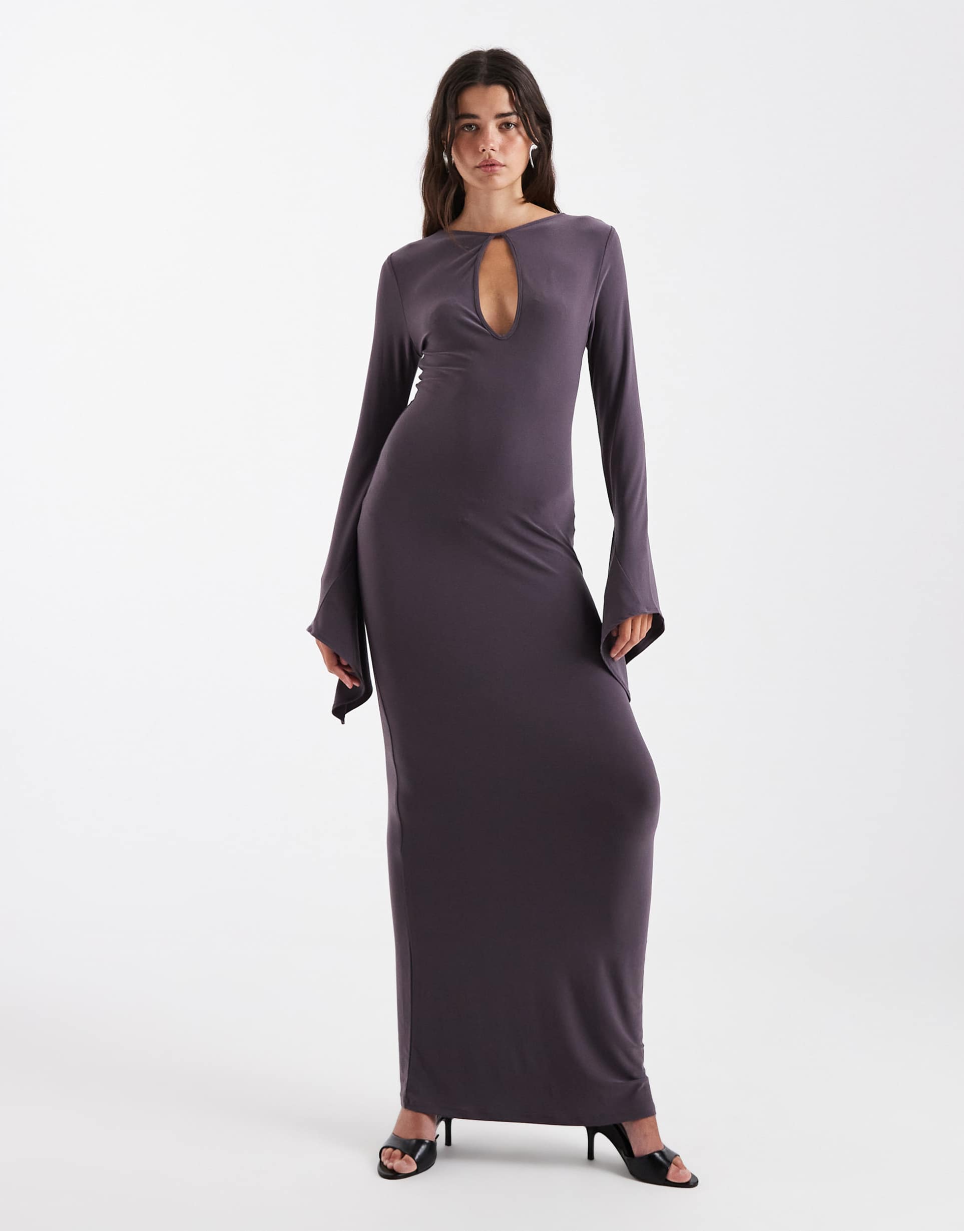 asos design angel sleeve asymmetric maxi dress in charcoal