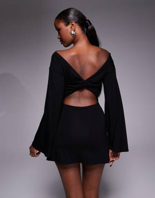 Asos Design Angel Sleeve Bardot Mini Dress With Cut Out Back Detail In Black