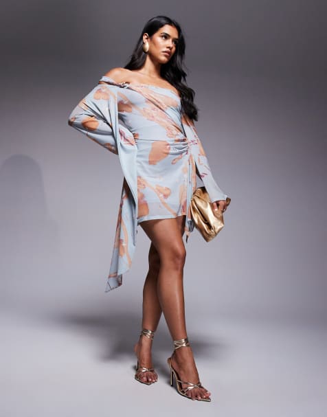 ASOS DESIGN angel sleeve bardot mini dress with tied trim detail mini dress in blue floral print - view 1