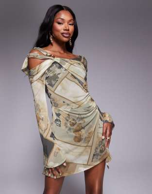 ASOS DESIGN angel sleeve bardot mini dress with tied trim detail mini dress in tonal blue tile print-Multi