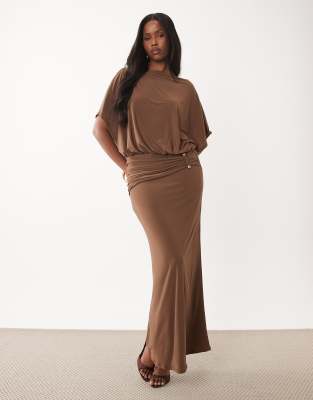 Asos Design Angel Sleeve Blouson Column Maxi Dress With Ruched Metal Hardware Detail In Brown