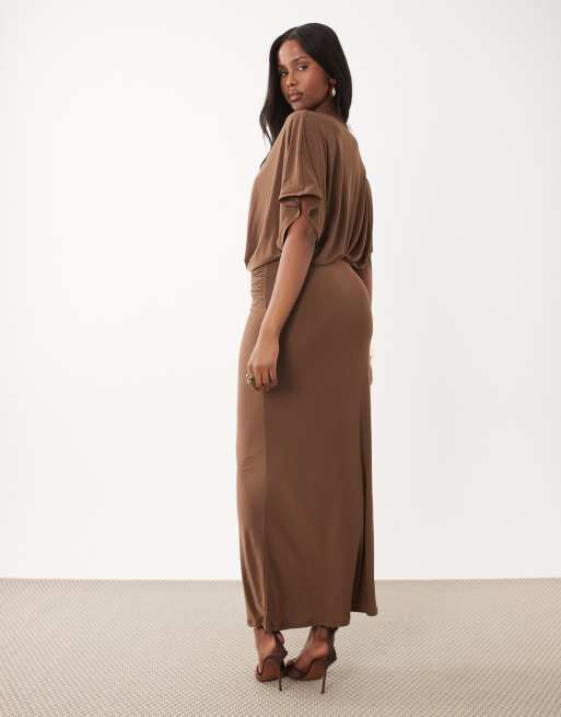 ASOS DESIGN angel sleeve blouson column maxi dress with ruched metal  hardware detail in chocolate | ASOS