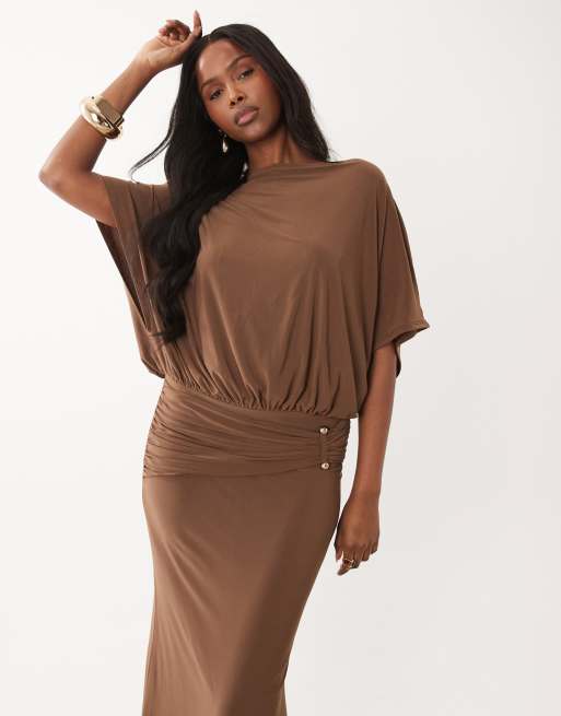 ASOS DESIGN angel sleeve blouson column maxi dress with ruched metal  hardware detail in chocolate | ASOS