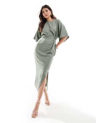 Asos Design Angel Sleeve Drape Waist Tab Detail Midi Dress In Sage Green