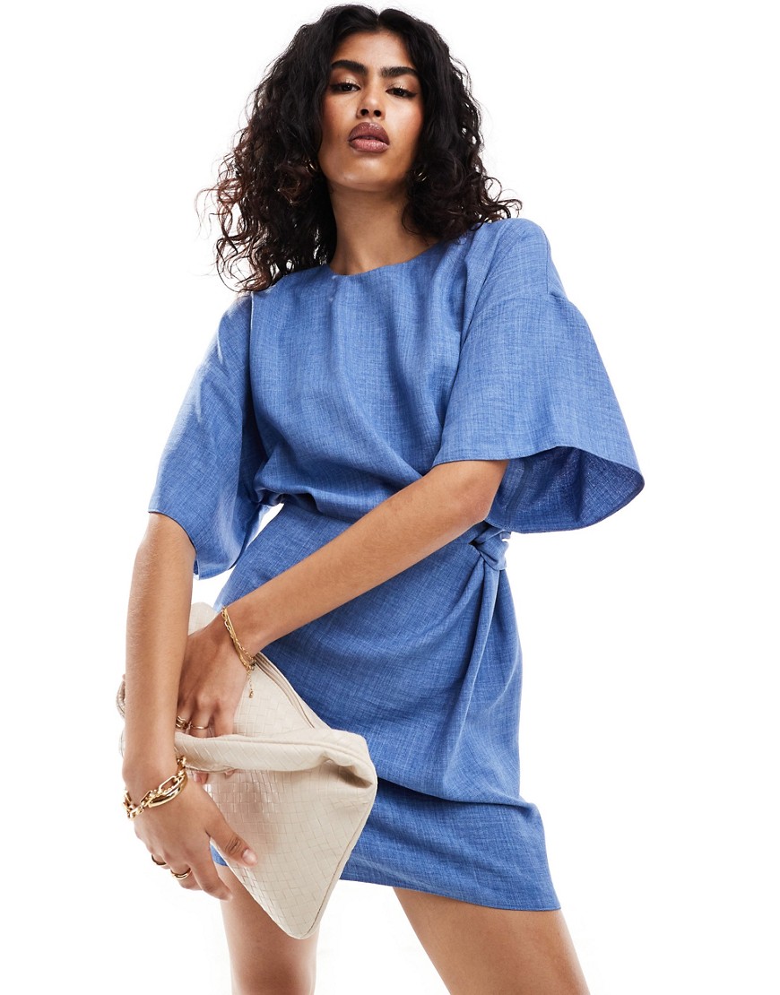 ASOS DESIGN angel sleeve drape waist tab detail mini dress in blue
