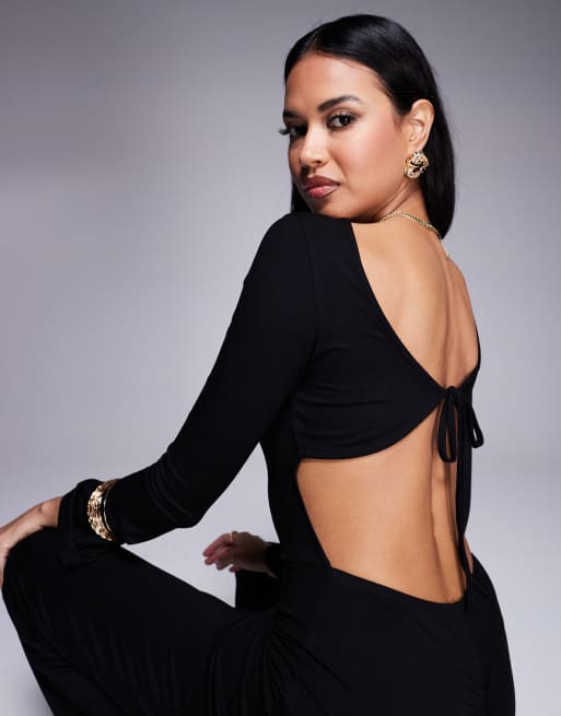 ASOS DESIGN angel sleeve jumpsuit with open back and tie detail in black, 2 of 4