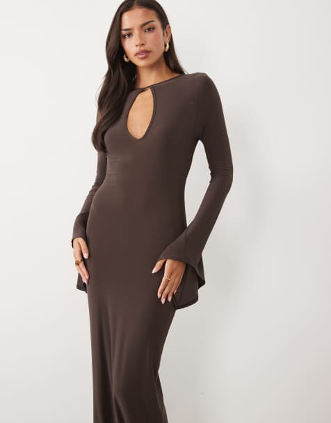 ASOS DESIGN angel sleeve keyhole maxi dress in chocolate - view 1