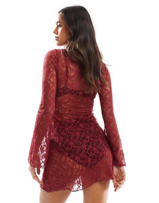 ASOS DESIGN angel sleeve lace mini dress in burgundy