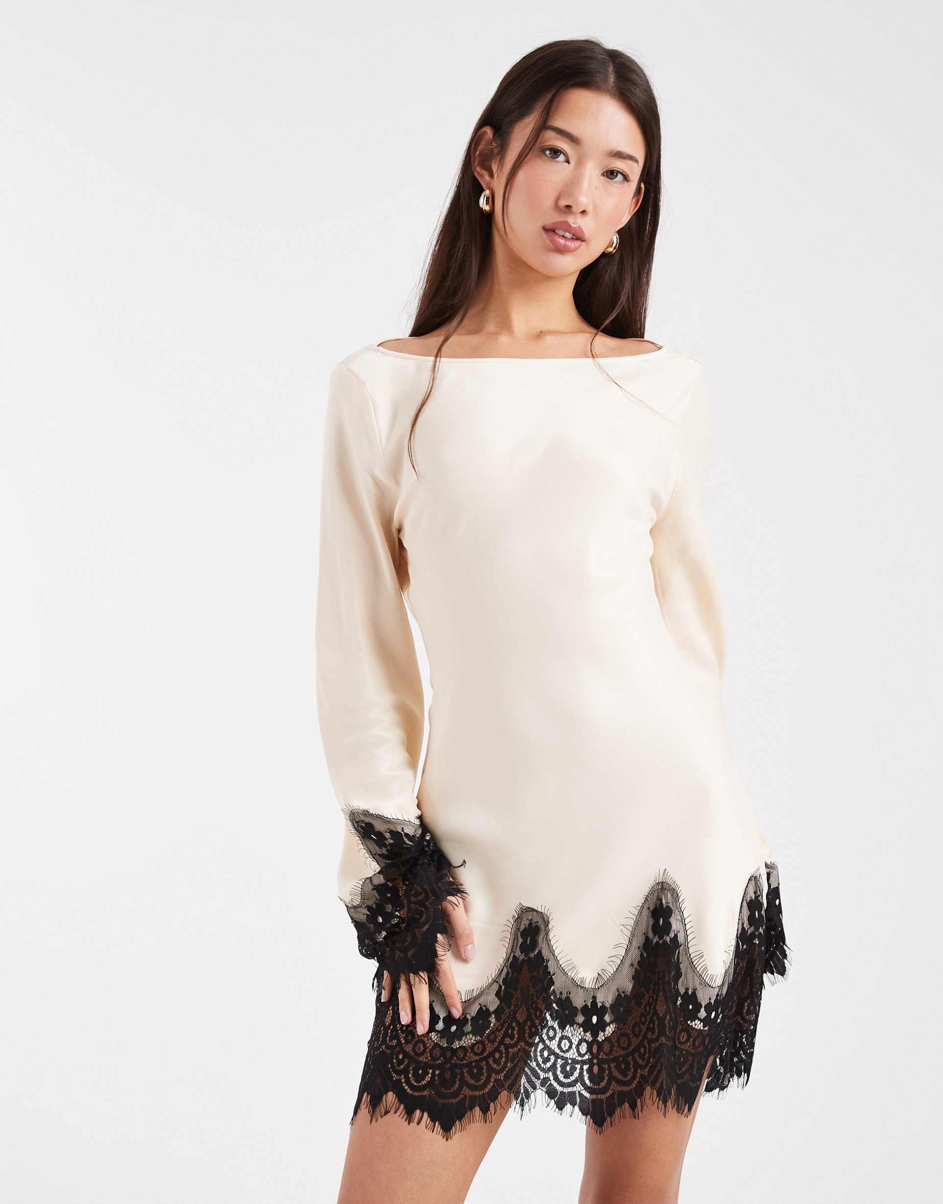 asos design angel sleeve lace trim satin mini dress in ecru