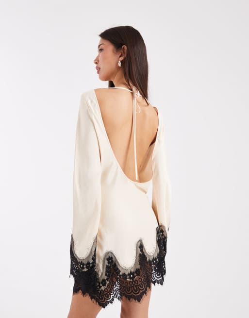 ASOS DESIGN satin lace trim angel sleeve mini dress in ecru