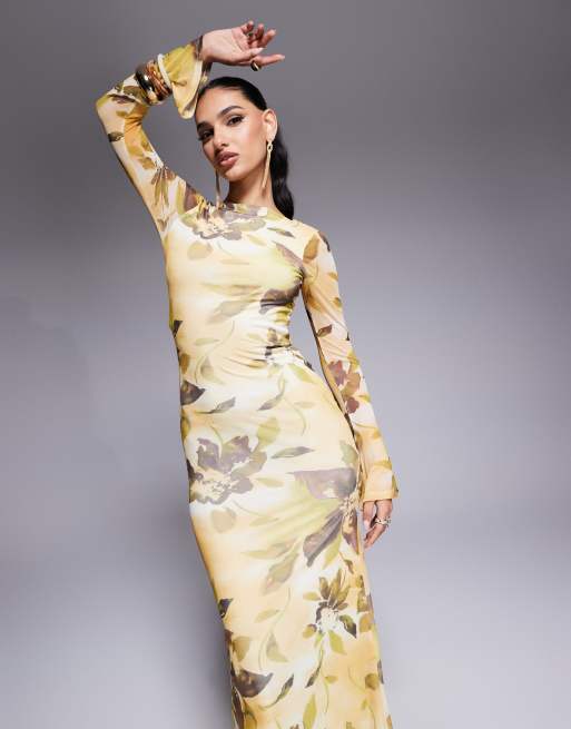 ASOS DESIGN angel sleeve mesh midi dress with open back and tie details in yellow floral print