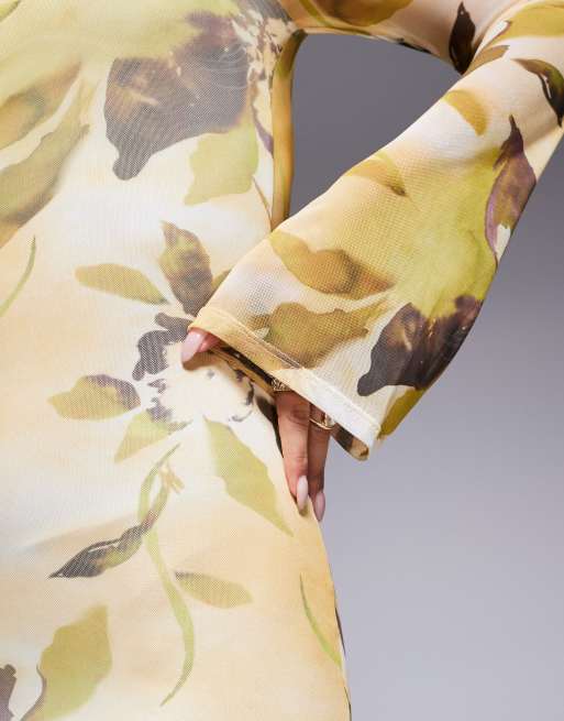 ASOS DESIGN angel sleeve mesh midi dress with open back and tie details in yellow floral print