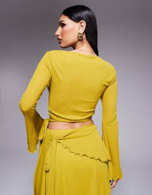 Asos Design Angel Sleeve Mesh Wrap Front Top In Green