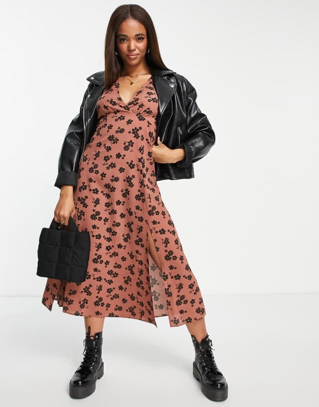 ASOS DESIGN angel sleeve midi dress in brown floral print