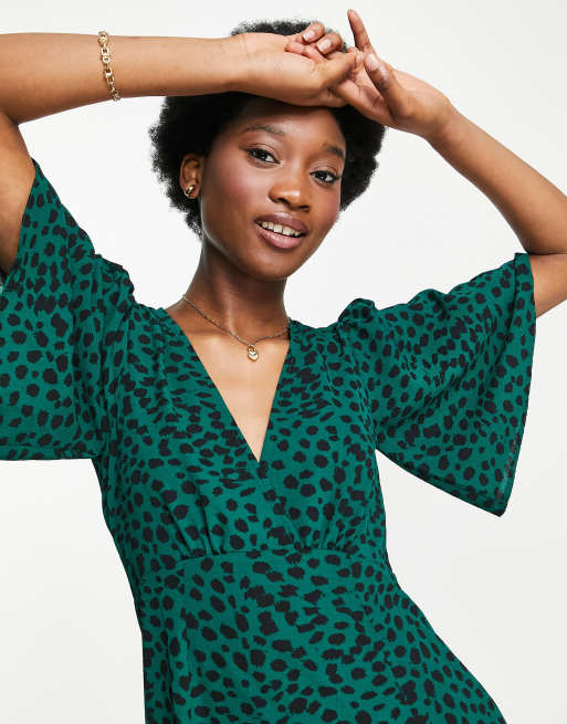 ASOS DESIGN angel sleeve midi dress in green animal print