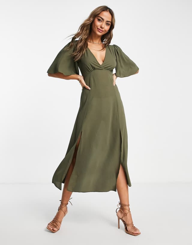 ASOS DESIGN angel sleeve midi dress in khaki