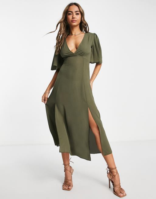 ASOS DESIGN angel sleeve midi dress in khaki