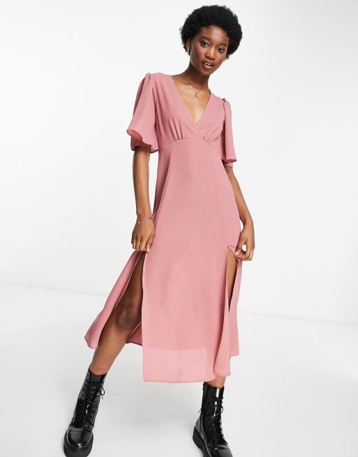 Petite V Neck Angel Sleeve Midi Dress