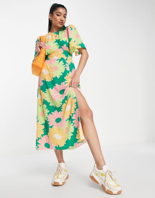 ASOS DESIGN angel sleeve midi dress with open back in large floral print, 2 of 4