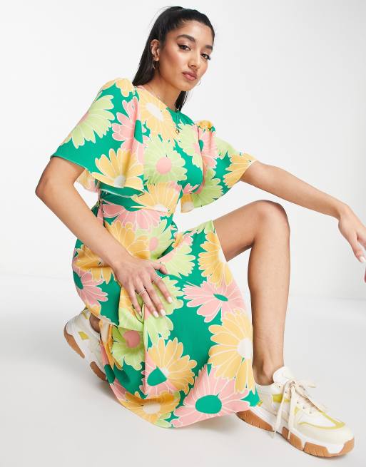 ASOS DESIGN angel sleeve midi dress with open back in large floral print, 3 of 4
