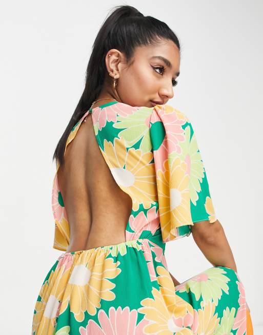 ASOS DESIGN angel sleeve midi dress with open back in large floral print, 4 of 4