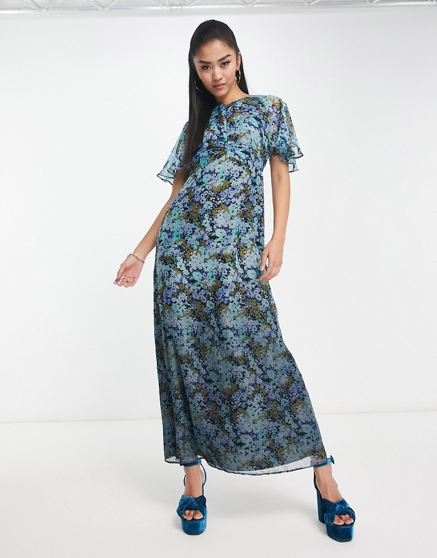 ASOS DESIGN angel sleeve midi tea dress in floral dip dye print-Multi