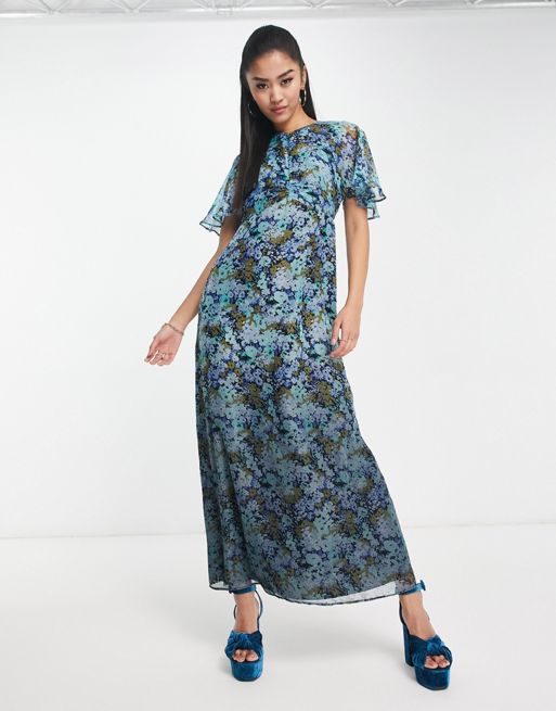 FhyzicsShops DESIGN angel sleeve midi tea dress in floral dip dye print