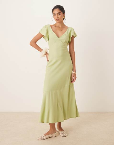 ASOS DESIGN angel sleeve midi tea dress in sage - view 1