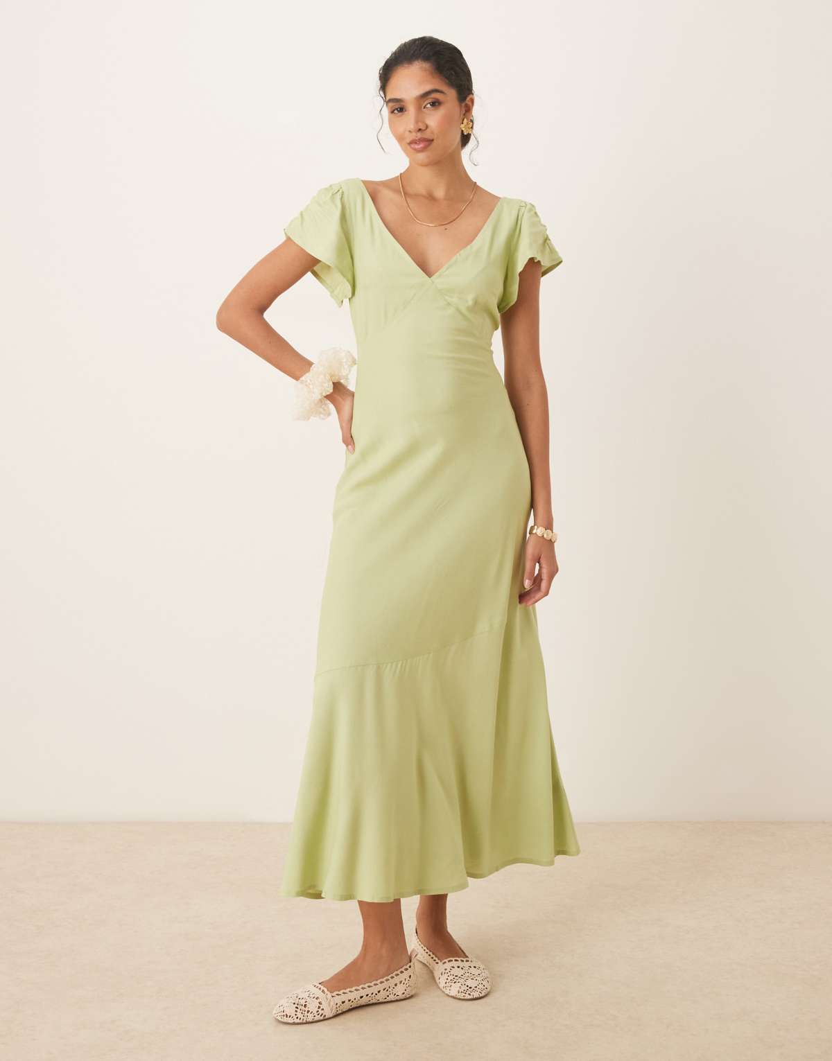 ASOS DESIGN angel sleeve midi tea dress in sage
