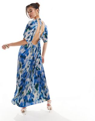 ASOS DESIGN angel sleeve plisse maxi dress with trapeze hem in blue print