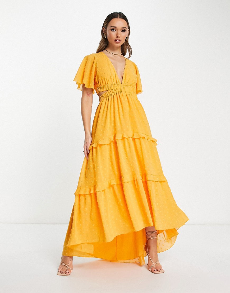 ASOS DESIGN angel sleeve plunge dobby tiered maxi dress with cut out and rouleux detail in mustard-Yellow