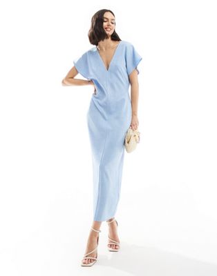 Asos Design Angel Sleeve Plunge Midi Dress In Blue
