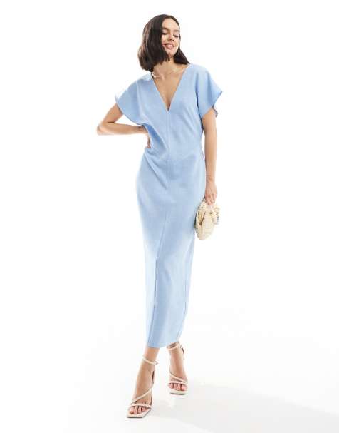 ASOS DESIGN angel sleeve plunge midi dress in blue - view 1