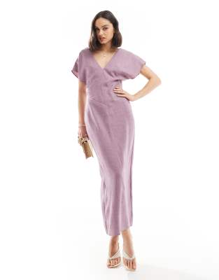 ASOS DESIGN angel sleeve plunge midi dress in lavender-Purple