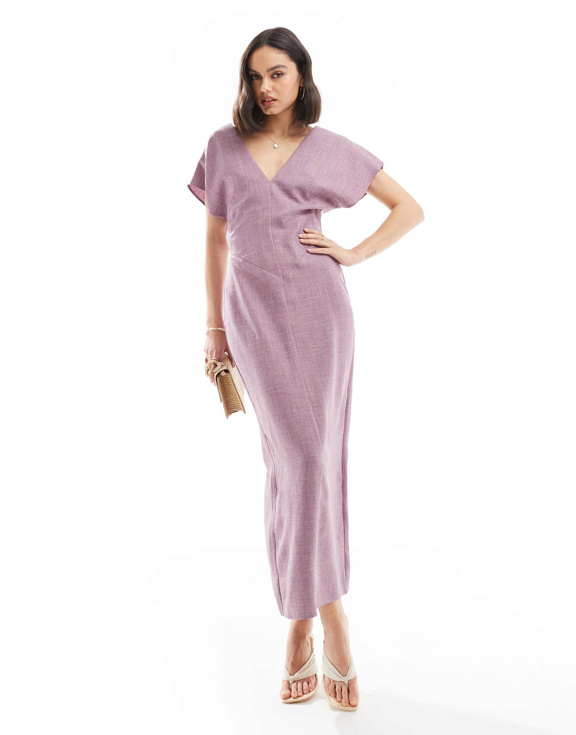 asos design angel sleeve plunge midi dress in lavender