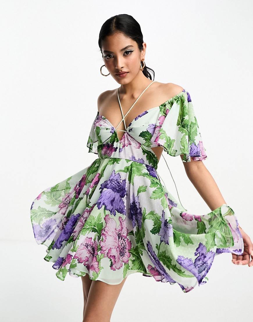 Asos Design Angel Sleeve Plunge Mini Skater Dress In Lilac Floral Print-multi